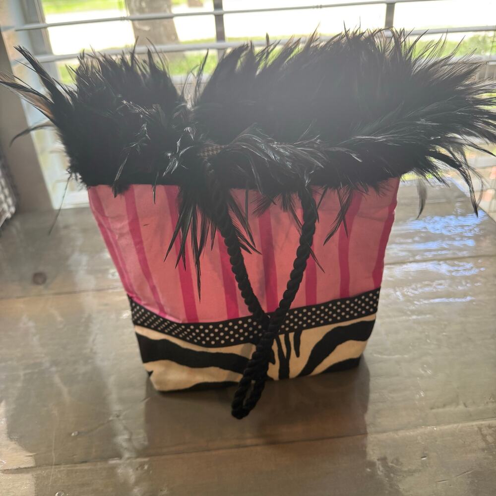 Vintage Blue Devil Pink Striped Martini Zebra Trim Faux Fur Tote Purse - Picture 8 of 9